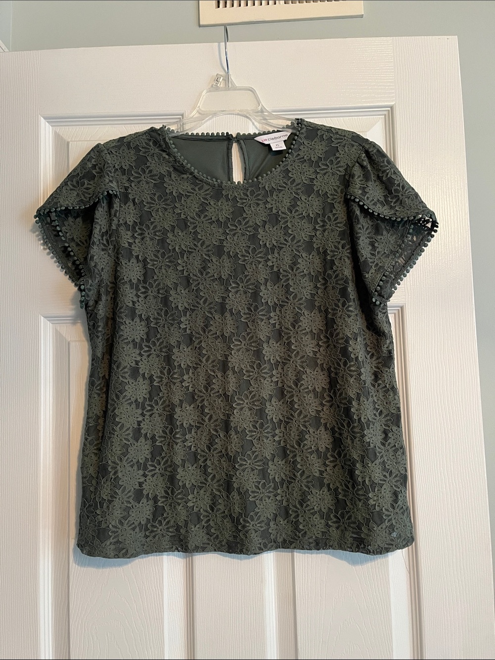 Liz Claiborne Olive Green Floral Lace Short Sleeve Blouse